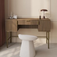 Dark Oak Ribbed Dressing Table with Storage and Fold-Out Mirror - Valencia 