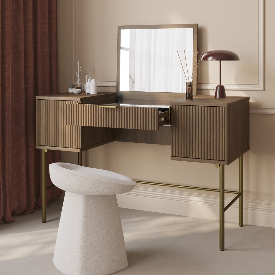 Dark Oak Ribbed Dressing Table with Storage and Fold-Out Mirror - Valencia 