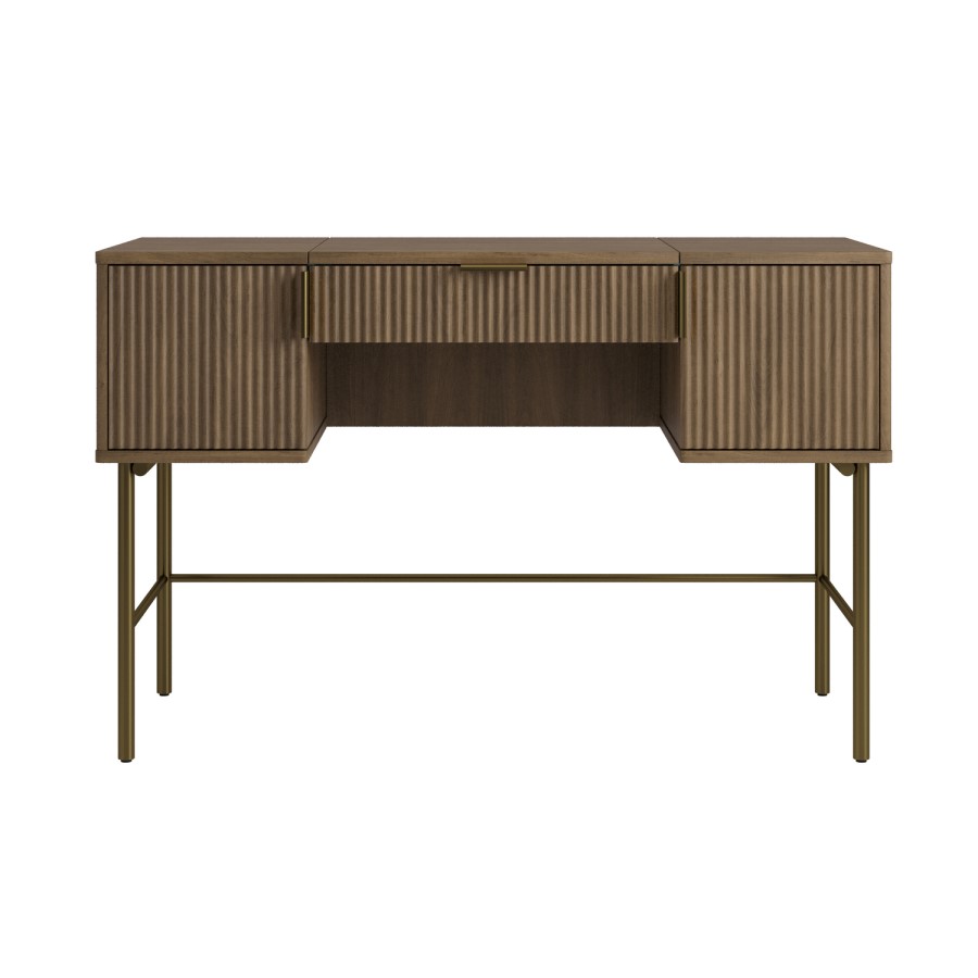 Dark Oak Ribbed Dressing Table with Storage and Fold-Out Mirror - Valencia 