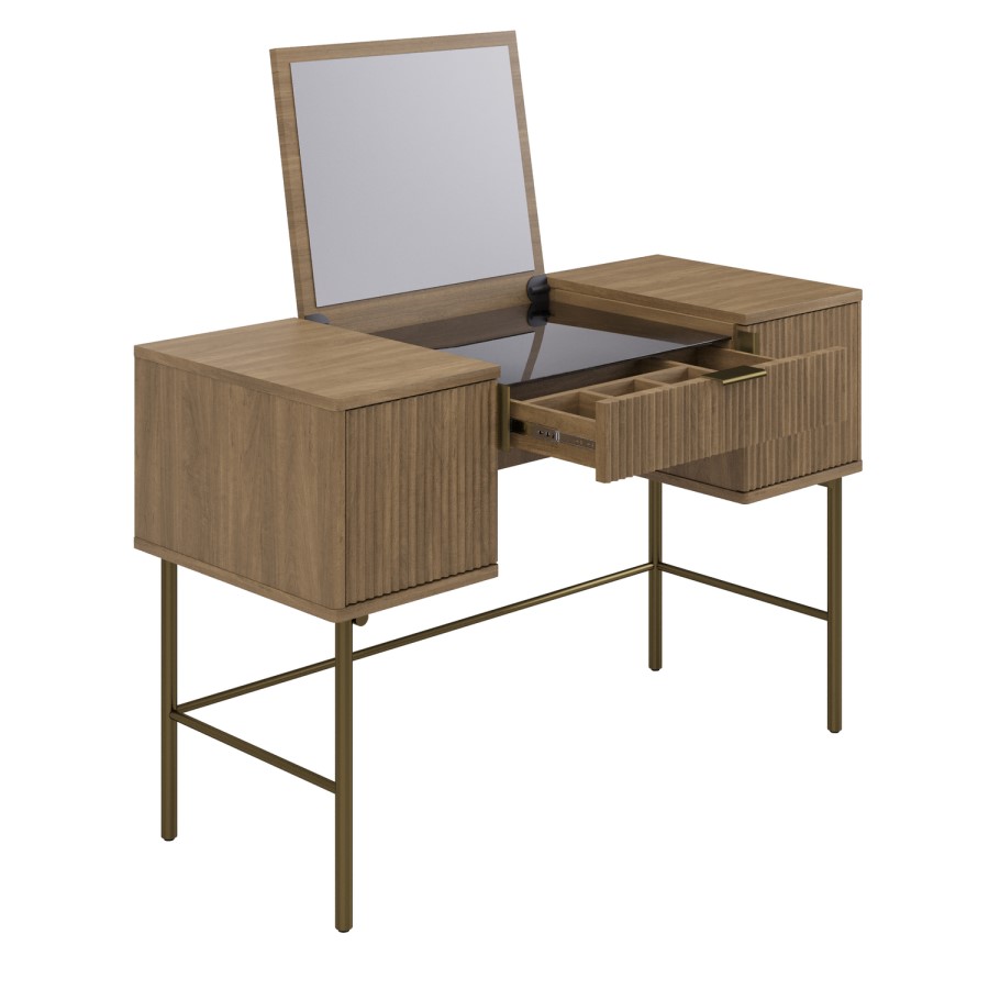Dark Oak Ribbed Dressing Table with Storage and Fold-Out Mirror - Valencia 