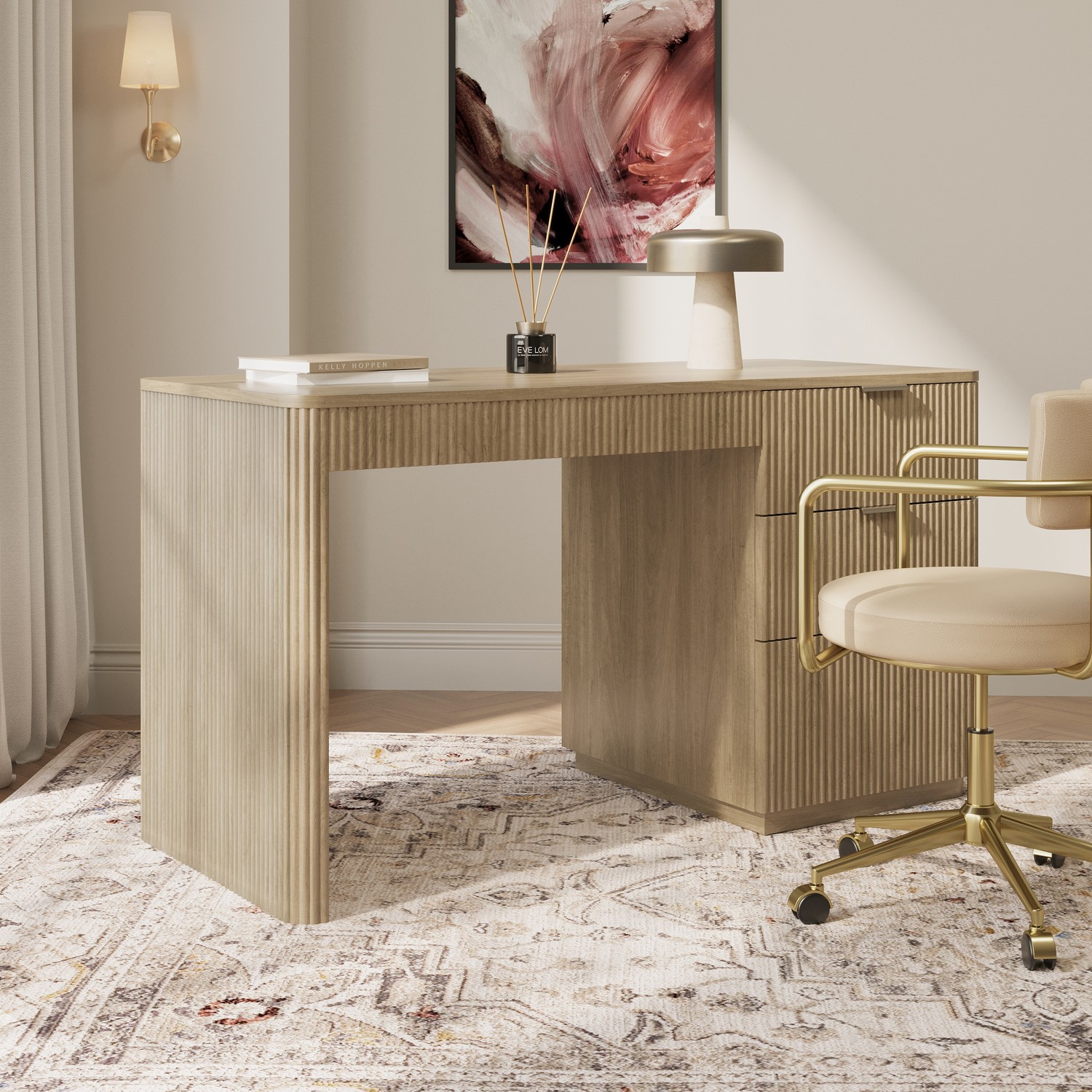 White Ribbed Desk Light Oak Ribbed Office Desk with 3 Drawers - Valencia - Furniture123