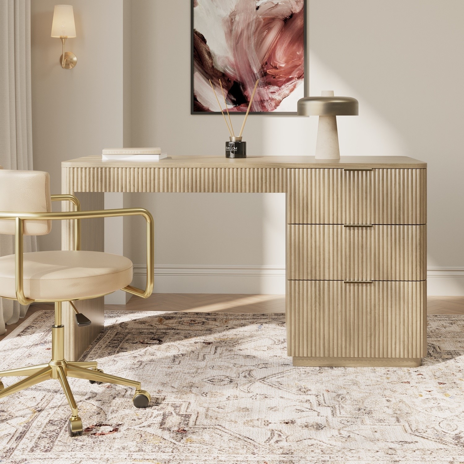 White Ribbed Desk Light Oak Ribbed Office Desk with 3 Drawers - Valencia - Furniture123