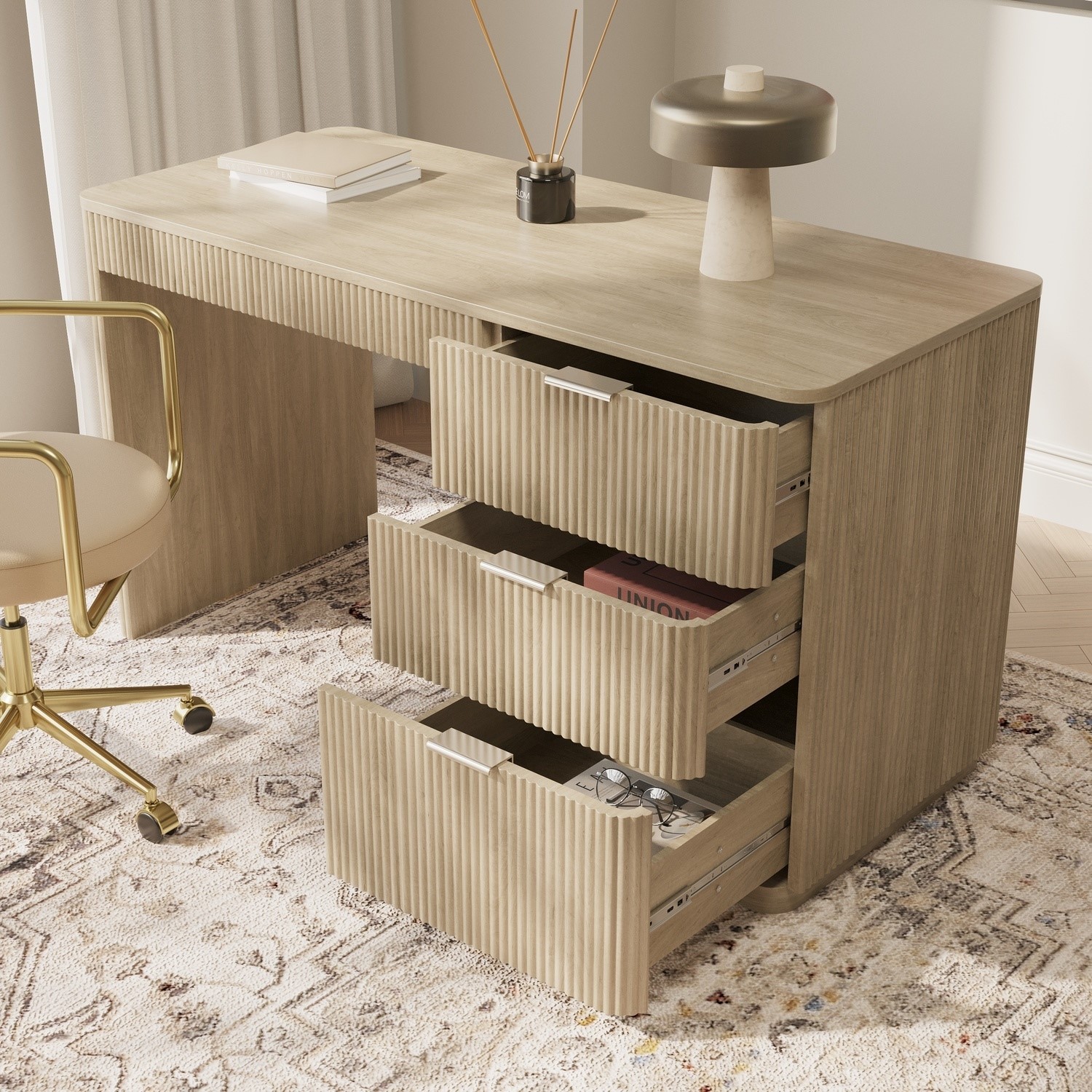 White Ribbed Desk Light Oak Ribbed Office Desk with 3 Drawers - Valencia - Furniture123