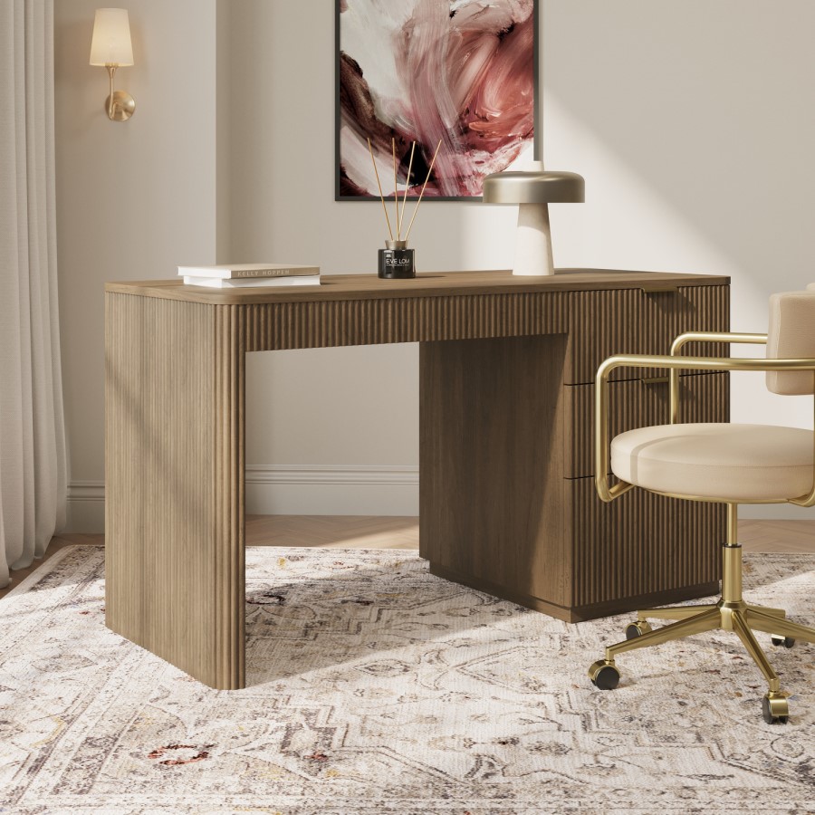 Dark Oak Ribbed Office Desk with 3 Drawers - Valencia