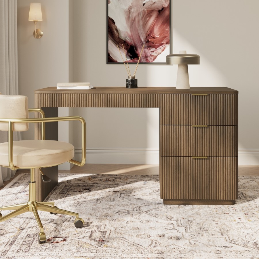 Dark Oak Ribbed Office Desk with 3 Drawers - Valencia