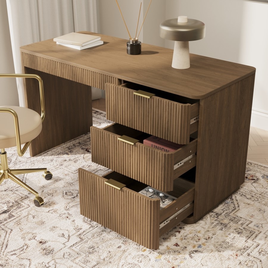 Dark Oak Ribbed Office Desk with 3 Drawers - Valencia