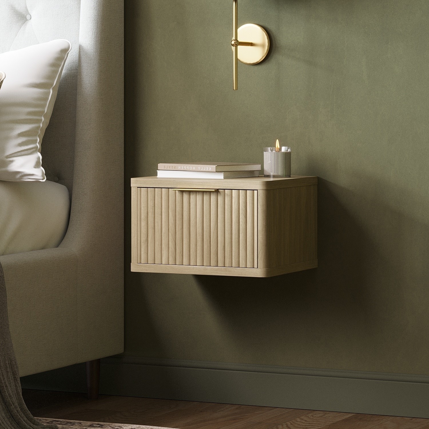 Oak Ribbed Floating Bedside Table Drawer