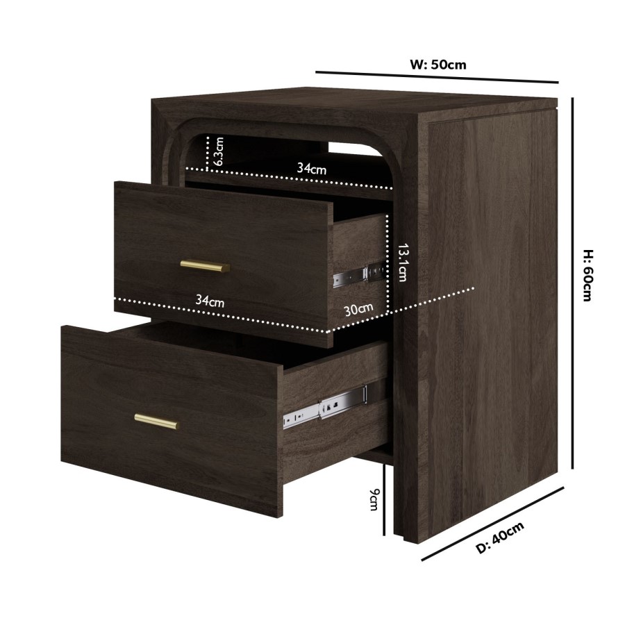 Dark Mango Wood 2 Drawer Bedside Table - Vixen