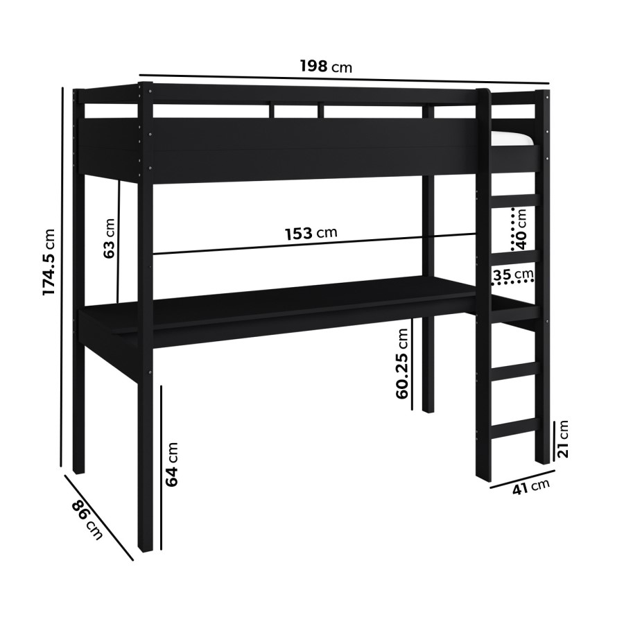 ONLY OPENED - High Sleeper Loft Bed with Desk in Black - Wyatt