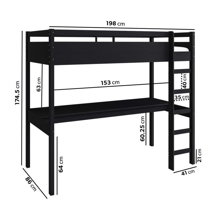 High Sleeper Loft Bed with Desk in Black - Wyatt