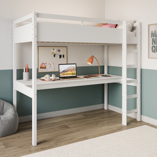 High Sleeper Loft Bed with Desk in White - Wyatt