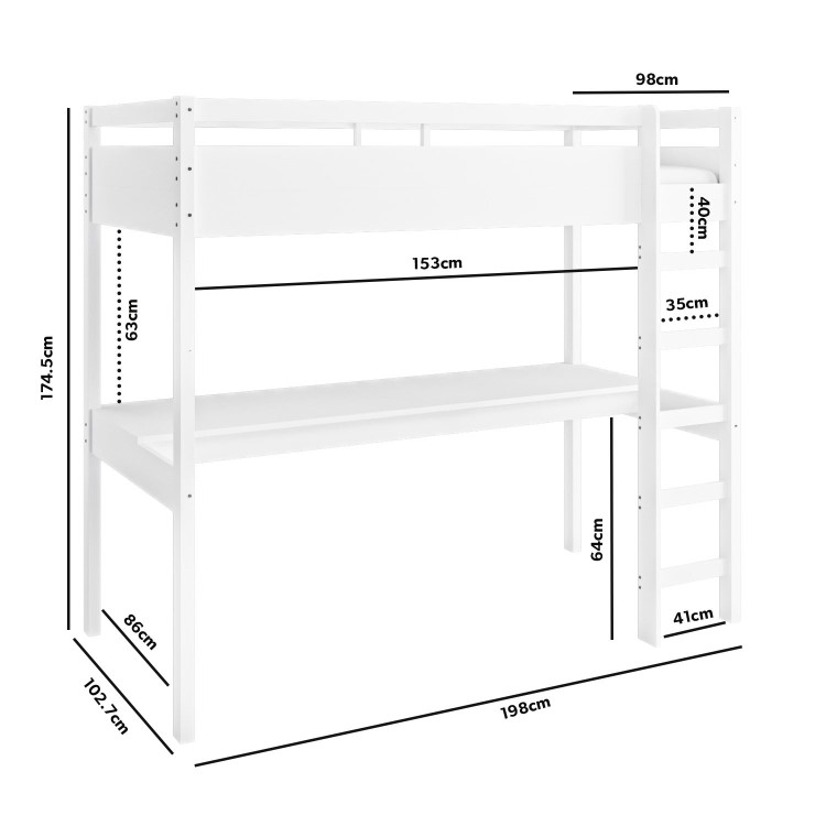 High Sleeper Loft Bed with Desk in White - Wyatt