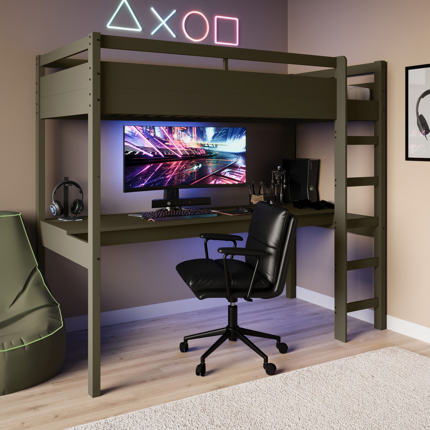 High Sleeper Loft Gaming Bed Desk