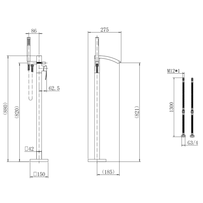 Brushed Brass Freestanding Bath Shower Mixer Tap - Wave