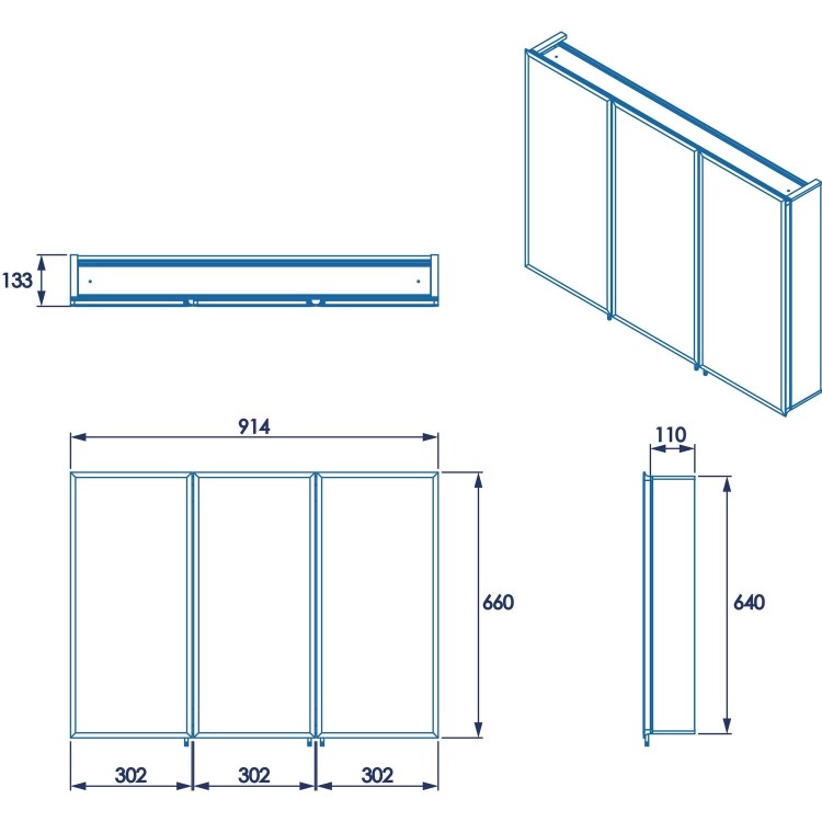 Croydex Chrome 3 Door Mirrored Bathroom Cabinet 914 x 660mm