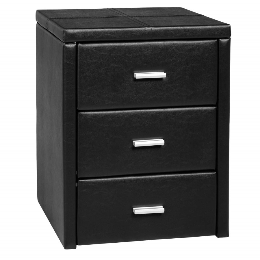 GRADE A1 - Seconique Prado Black Faux Leather 3 Drawer Bedside Table