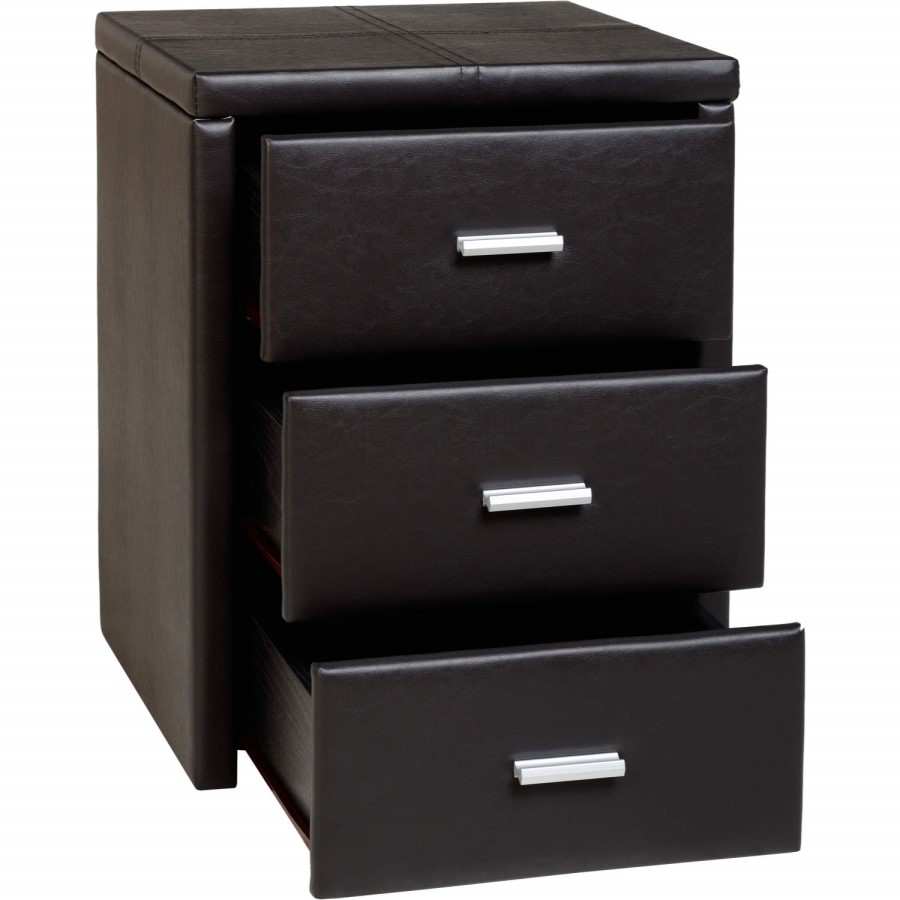 Brown Faux Leather Bedside Table with 3 Drawers - Prado - Seconique