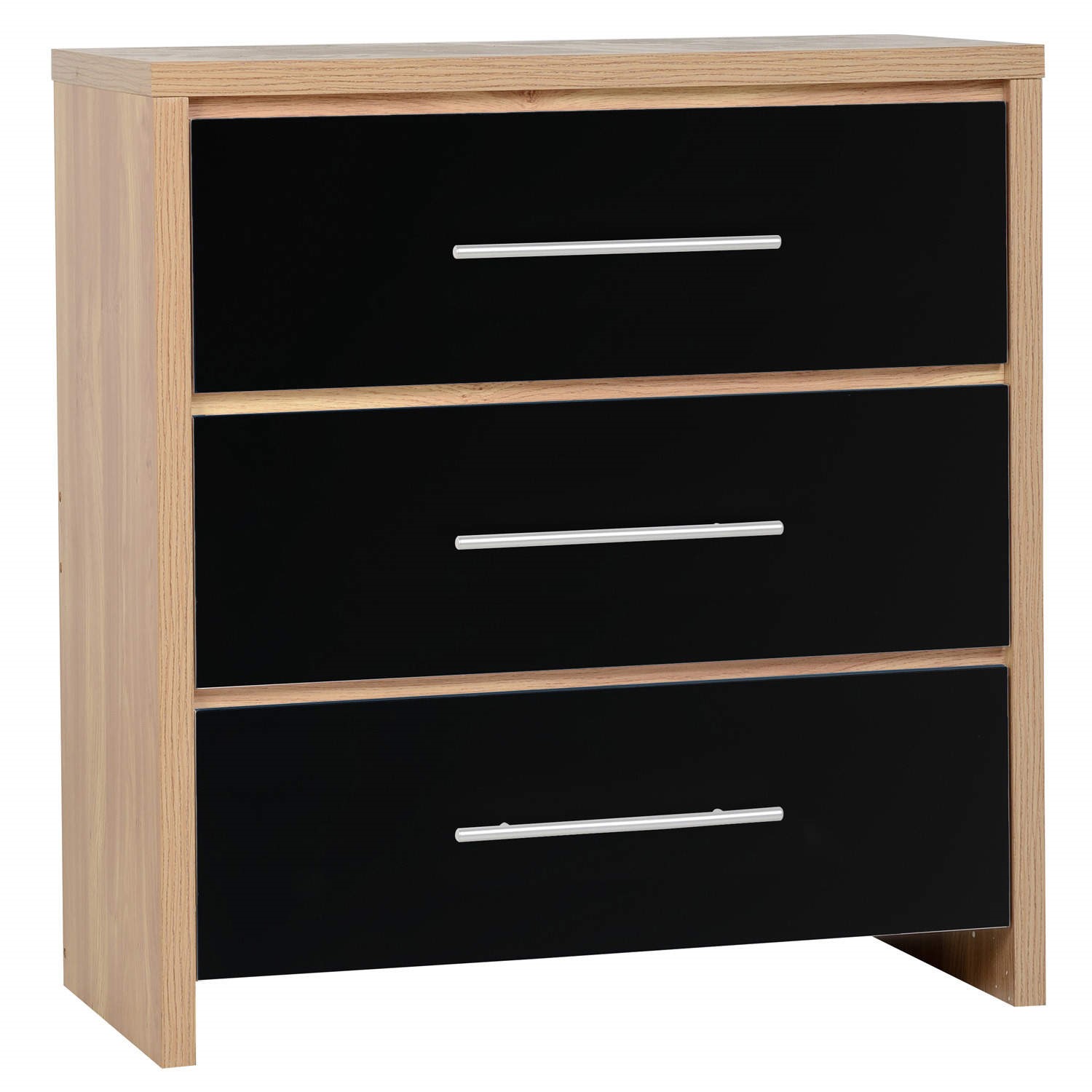 Seconique Seville 3 Drawer Chest In Light Oak And Black High Gloss