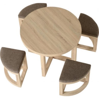 Read more about Round oak and brown linen space saving dining table and chairs seconique