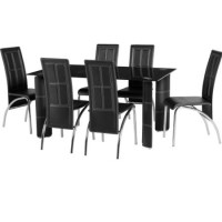 Seconique Bradford Glass Dining Set - Black Tempered Glass Table & 6  Faux Leather Stitch Chairs