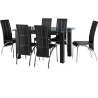 Seconique Stanton Glass Dining Set + 6 Black Faux Leather Dining Chairs