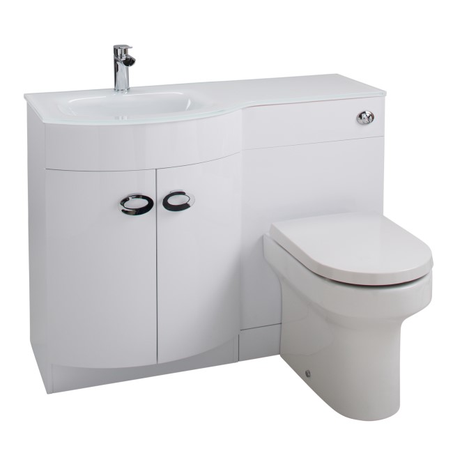Curved White Left Hand Bathroom Vanity Unit & Glass Basin - Without Toilet