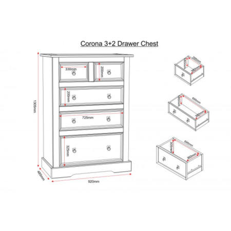 Corona Pine Chest of 5 Drawers - Seconique