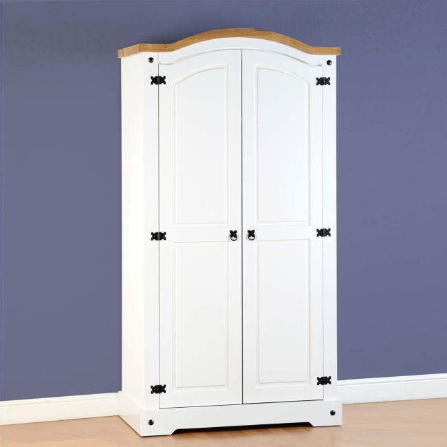 White and Pine Painted 2 Door Double Wardrobe - Corona - Seconique