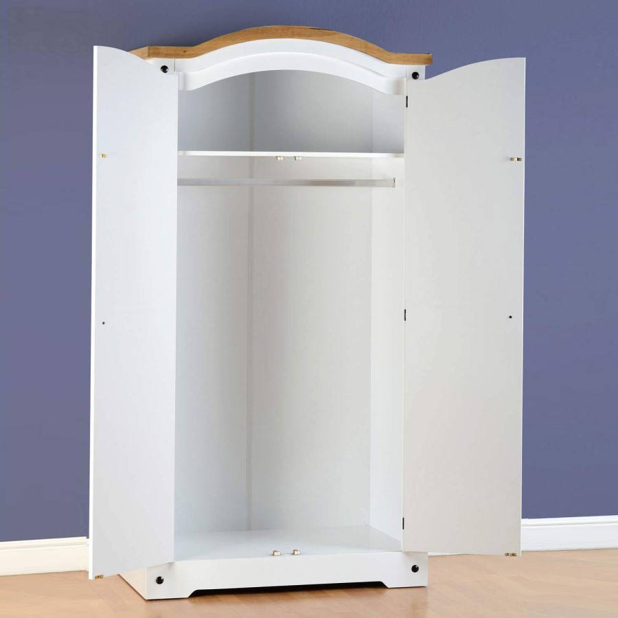 White and Pine Painted 2 Door Double Wardrobe - Corona - Seconique