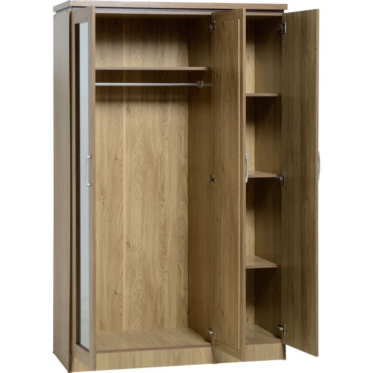 Oak Finish 3 Door Triple Mirrored Wardrobe - Charles - Seconique