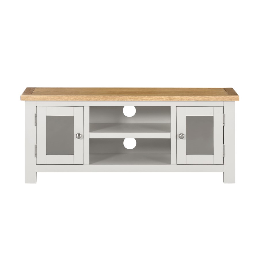 GRADE A1 - Willow Farmhouse Large TV Unit Stand with Storage Cupboards - Cream and Light Oak