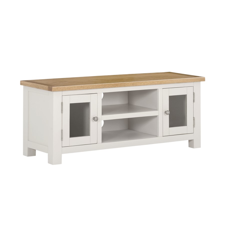 GRADE A1 - Willow Farmhouse Large TV Unit Stand with Storage Cupboards - Cream and Light Oak