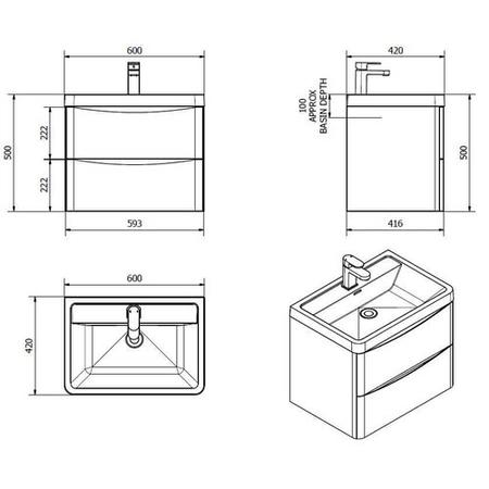 Walnut Wall Hung Bathroom Vanity Unit & Basin - 600mm Wide - Oakland
