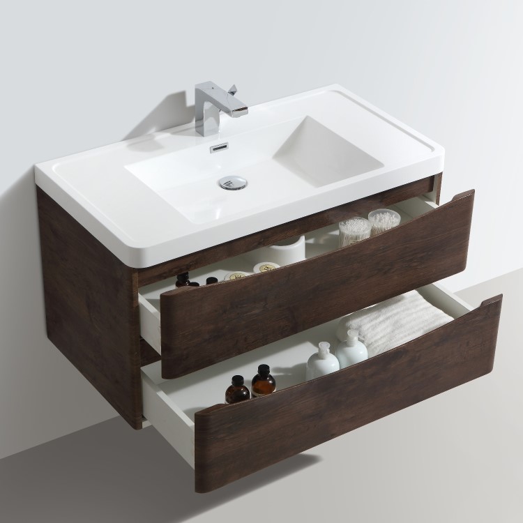 Walnut Wall Hung Bathroom Vanity Unit & Basin - 900mm Wide - Oakland