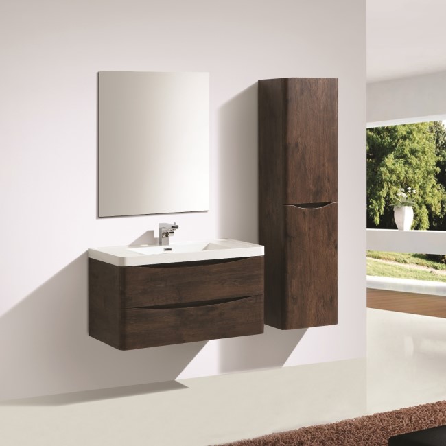 Walnut Wall Hung Tall Bathroom Storage Cabinet - 400mm Wide -Oakland