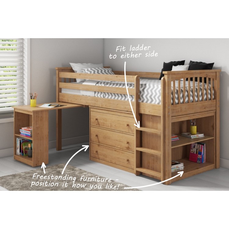 Windermere Solid Pine Mid Sleeper with Pull Out Desk