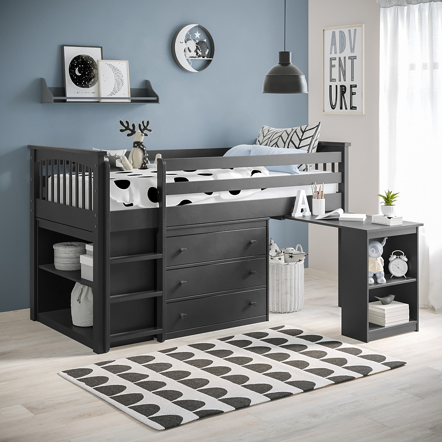 Dark Grey Cabin Bed With Pull Out Desk, Flip Out Desk Bed