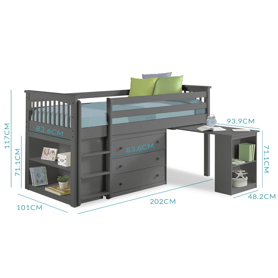 GRADE A1 - Windermere Midsleeper in Dark Grey with Pull Out Desk