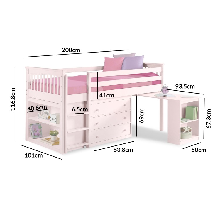 Windermere Girls Mid Sleeper in Light Pink With Pull Out Desk