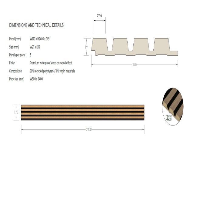 Oak Waterproof Oak Slatted Wall Panel 2400 x 170 x 19mm