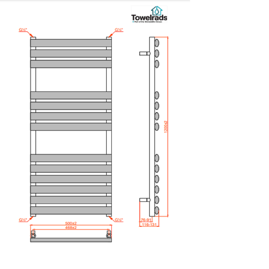 Towelrads Dorney Chrome Towel Radiator - 1200 x 500mm