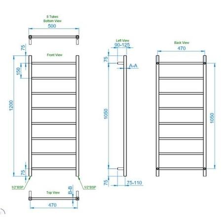 Diva Brushed Stainless Steel Heated Towel Rail - 1200 x 500mm
