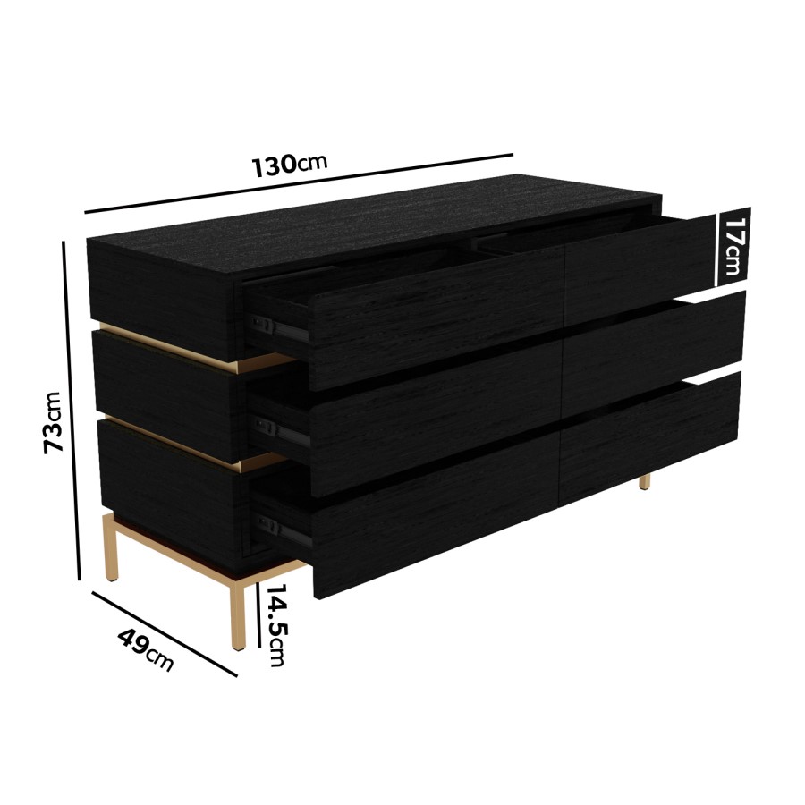 Black 6 Drawer Wide Chest of Drawers - Xander
