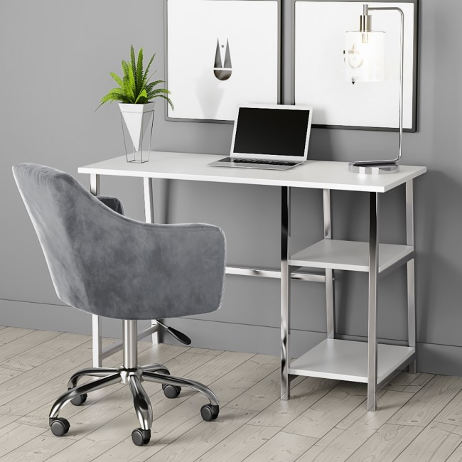 GRADE A1 - White High Gloss and Chrome Desk with Shelves - Xavier