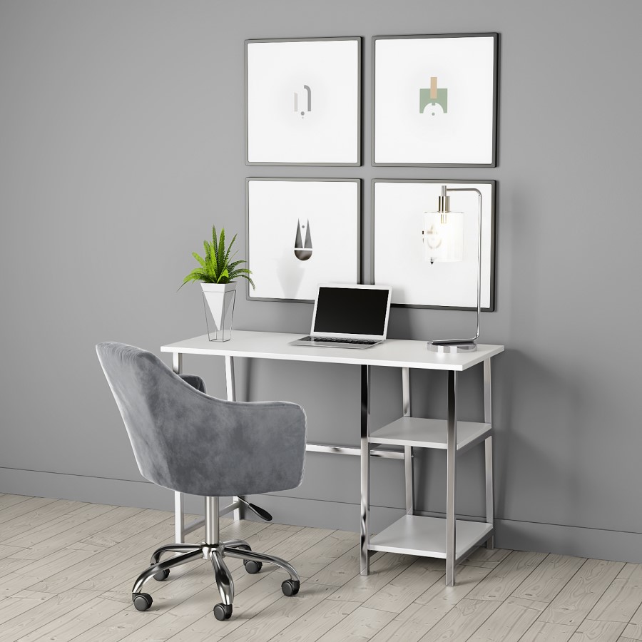 GRADE A1 - White High Gloss and Chrome Desk with Shelves - Xavier