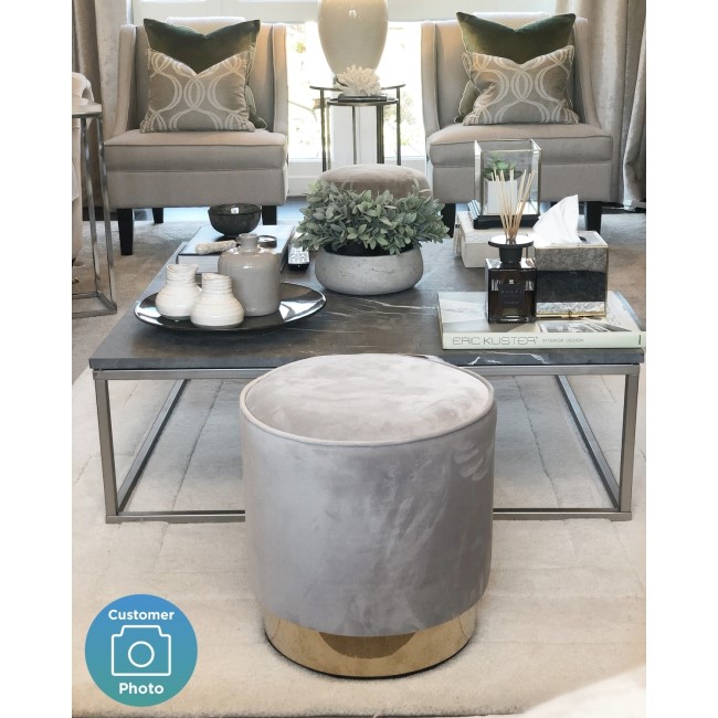 Xena Velvet Pouffe in Pale Grey - Small Round Upholstered Stool