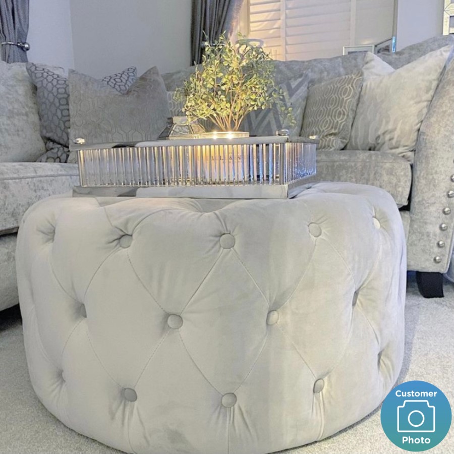 GRADE A1 - Xena Large Quilted Button Pouffe in Light Grey Velvet
