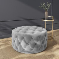 Xena Large Quilted Button Pouffe in Light Grey Velvet