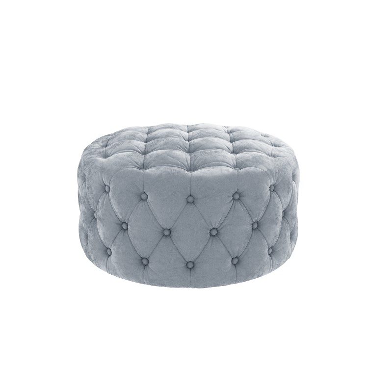 Xena Large Quilted Button Pouffe in Light Grey Velvet