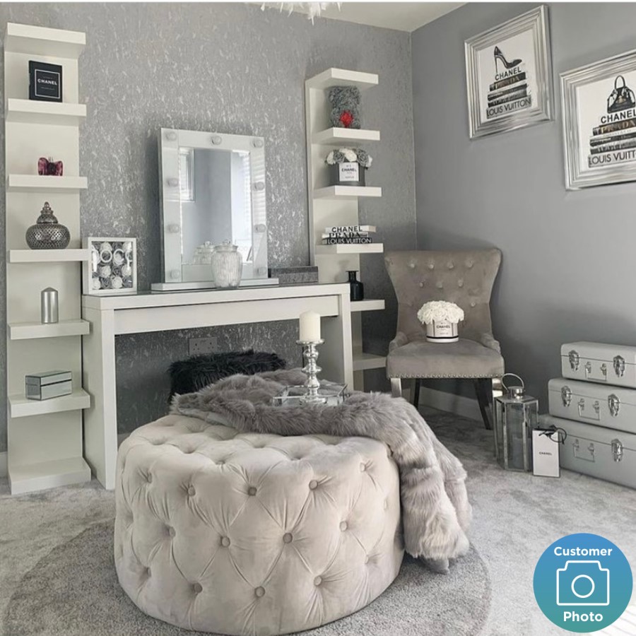 GRADE A1 - Xena Large Quilted Button Pouffe in Light Grey Velvet